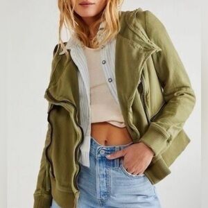 Free People Carmen Moto Olive Green‎ Sparrow Jacket Women XL asymmetrical hood